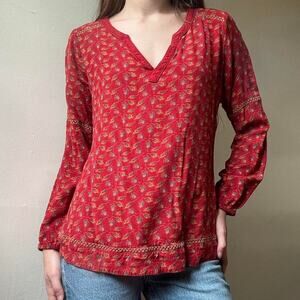 Mountain Khakis Red Peacock Feather Tunic Blouse Large Boho
